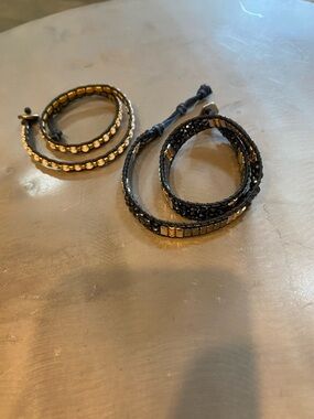 2 beaded Wrap Bracelets black crystals and metal & white stones and metal